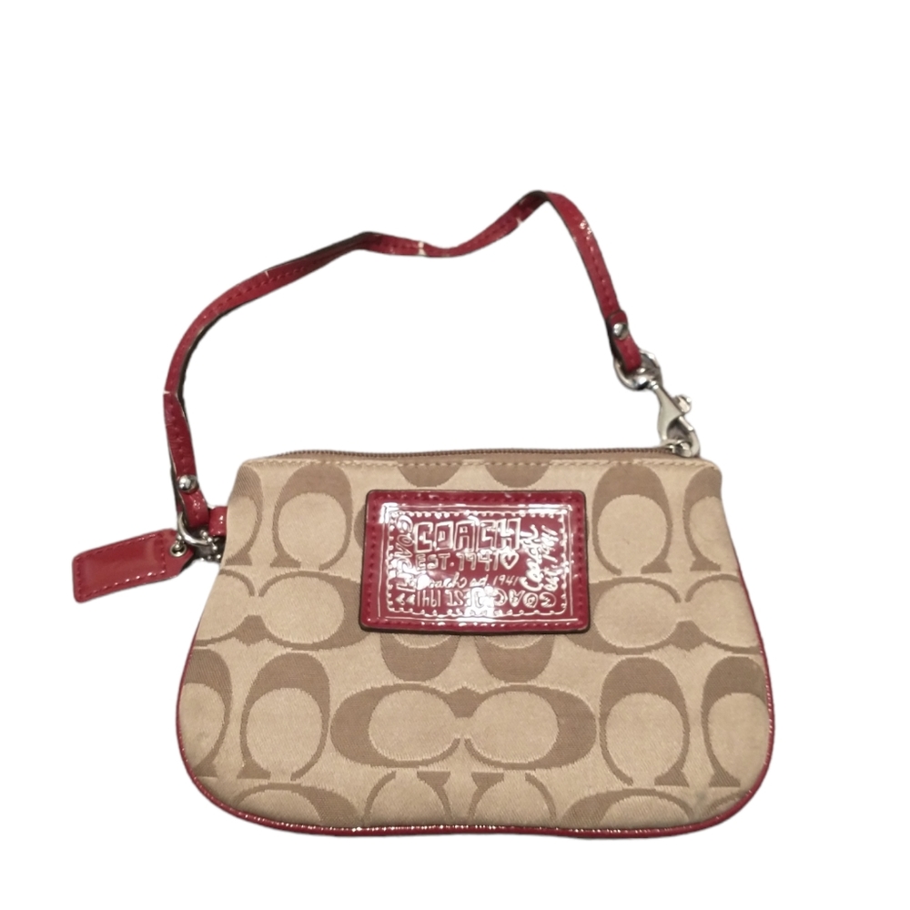 Coach Red and Tan Wristlet Signature C'S